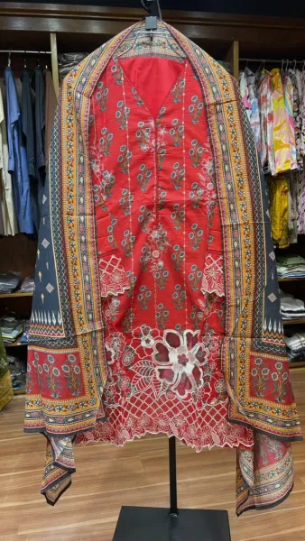 Pakistani Original Bin saeed Stitched Cotton 3pcs_Red